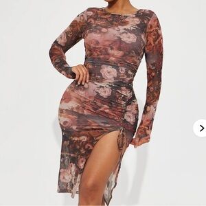 Fashion Nova Brown Cream Ruched Long Sleeve Dress